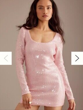 pink sequin dress anthropologie Maeve Long-Sleeve Mock-Neck Sequin Mini Dress